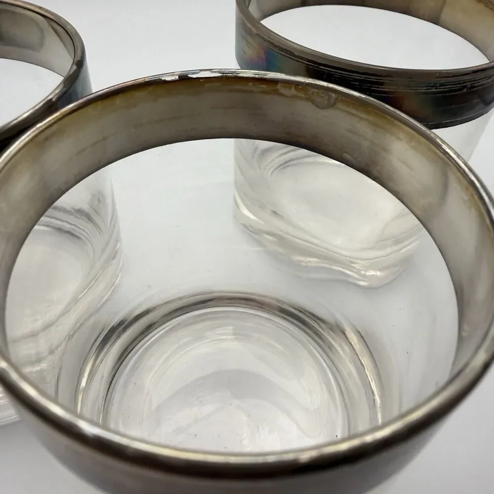 Set 3 Vintage Mid Century Silver Rim Rocks Glasses Whiskey Cocktail Thorpe Style